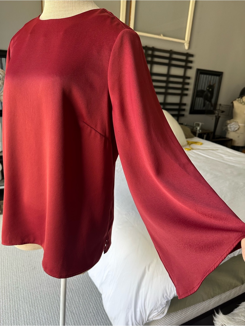 Chico's Wine-Red Satin Long-Sleeve Blouse, size medium (1) - Picture 3 of 14